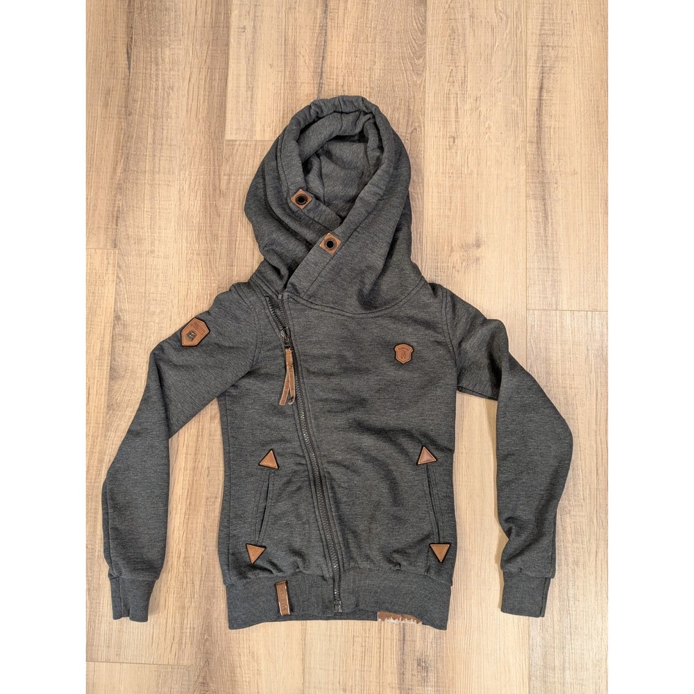 Naketano Asymmetrical Zip Hoodie Jacket Womens XS Gray Owl Patch Germany